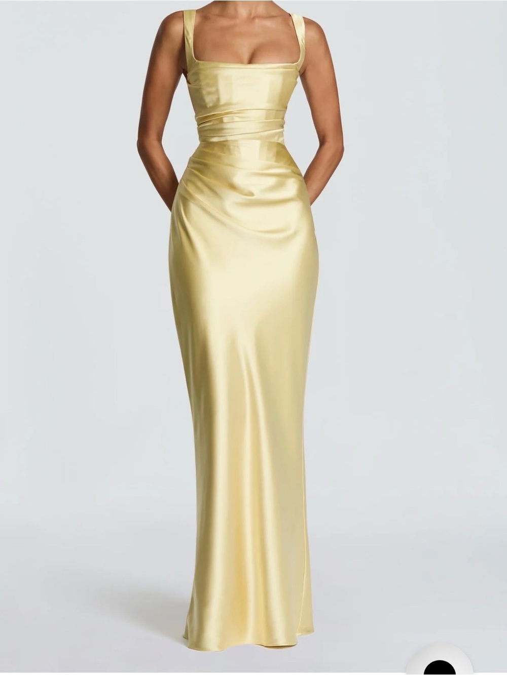 Elegant Satin Square-Neck Evening Gown in Pale Yellow